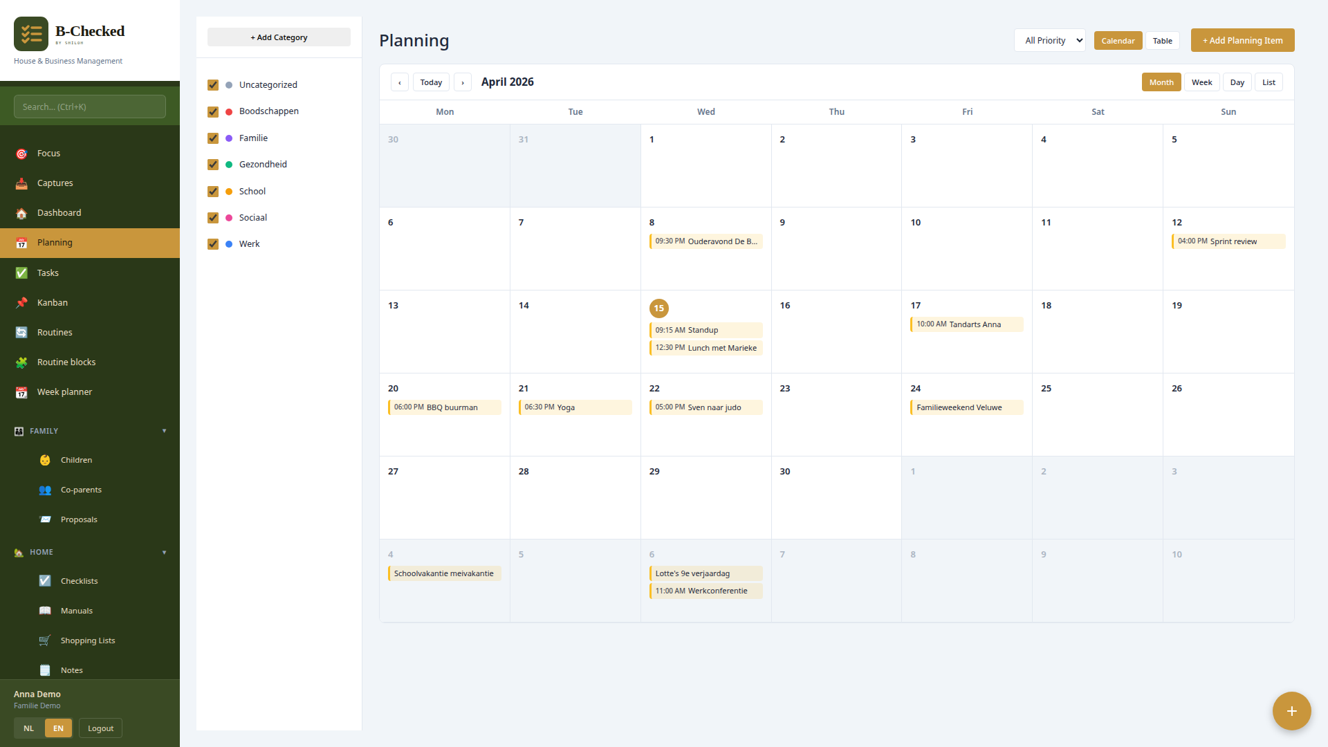 Planning calendar with events