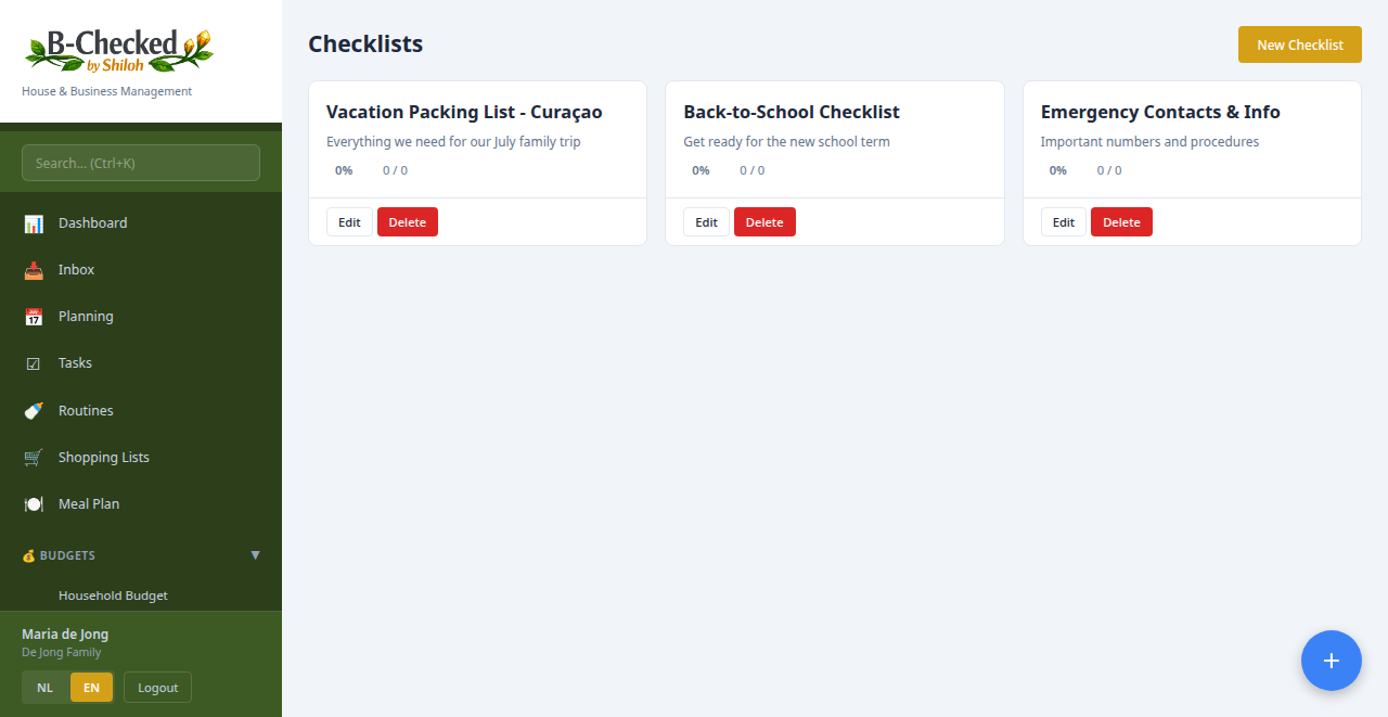 Checklists for vacation packing, school prep, emergency contacts