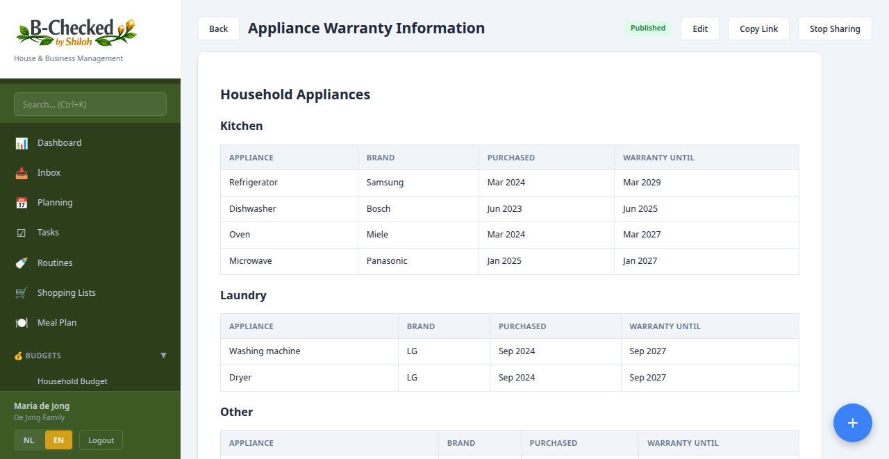 Household manual with appliance warranty information