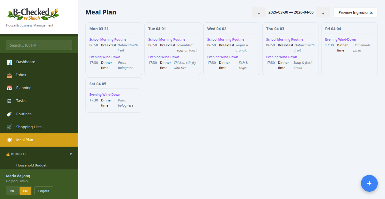 Weekly meal plan view